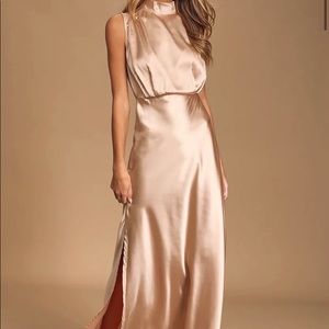 Lulus Classic Elegant champagne satin sleeveless mock neck dress